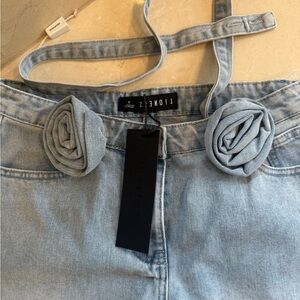 Lioness Light Blue High-Rise Jeans with Floral Tie Accents